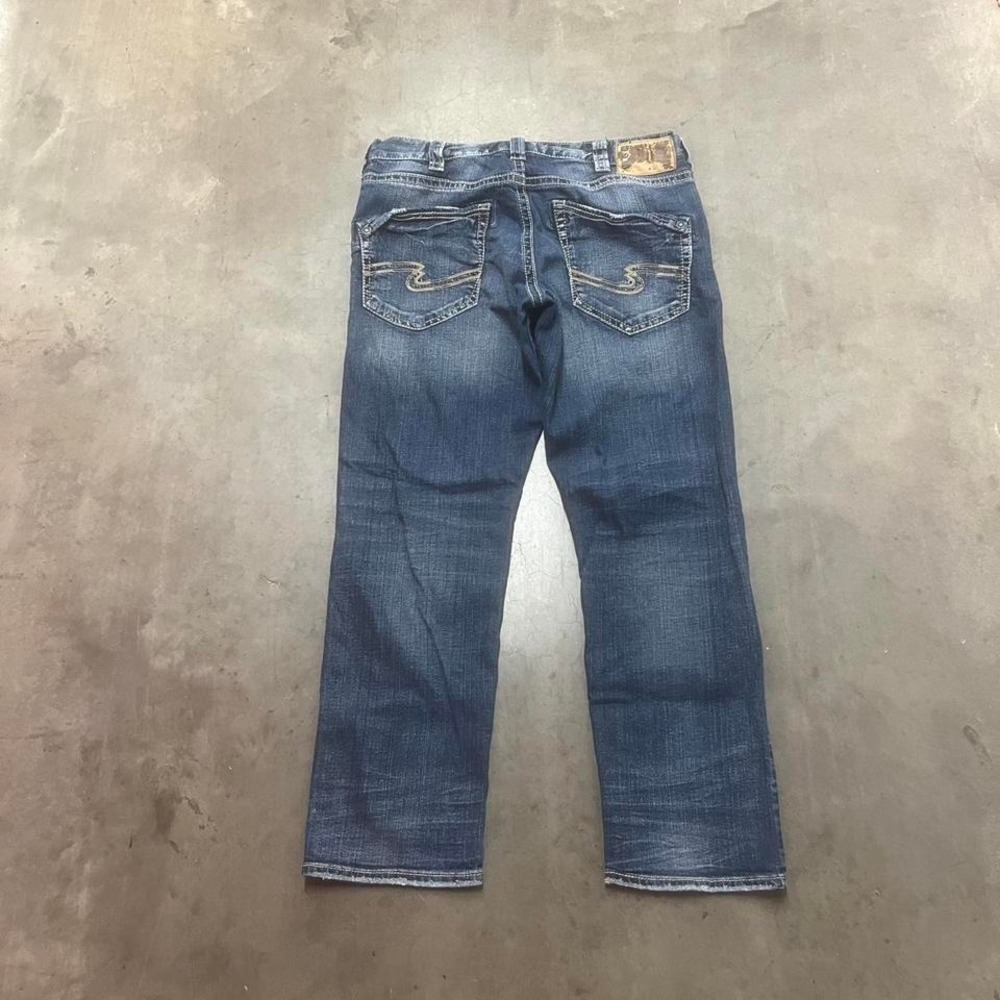 Y2K silver Eddie jeans men's blue embroidered‎ thick stitched straight leg 34
